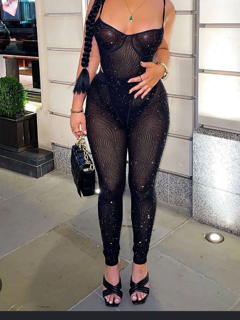 Fashion Nova Black Rhinestone Sheer Legging Jumpsuit